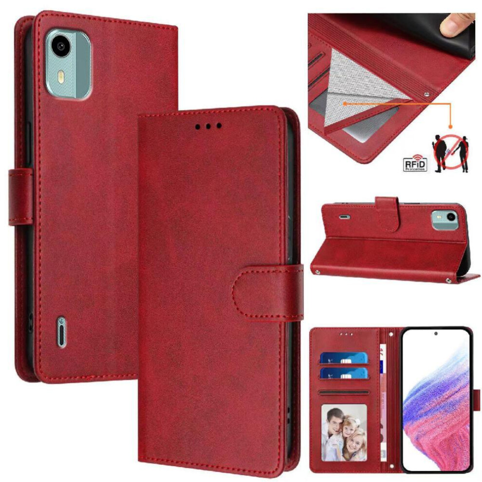 (Red) Classic Style Flip Case For Nokia C12 Rfid Blocking Magnetic Closure Wallet Case Card Holder Shockproof Red 764563632688