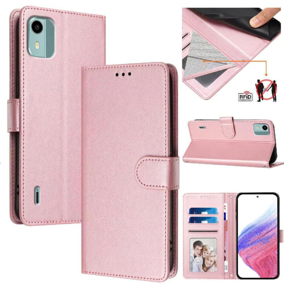(Pink) Classic Style Flip Case For Nokia C12 Rfid Blocking Magnetic Closure Wallet Case Card Holder Shockproof Pink 764563632718
