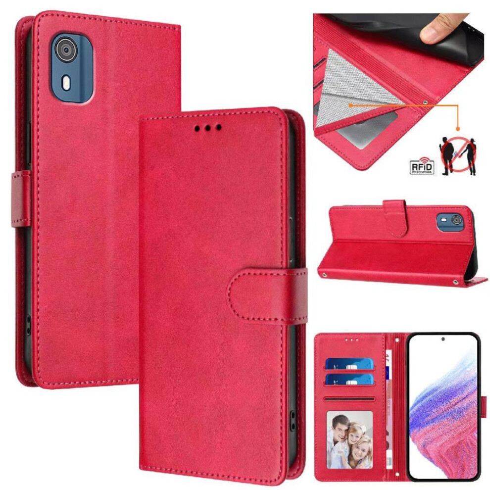 (Rose ) Classic Style Flip Case For Nokia C02 Rfid Blocking Card Holder Shockproof Wallet Case Magnetic Closure Red 764563633159