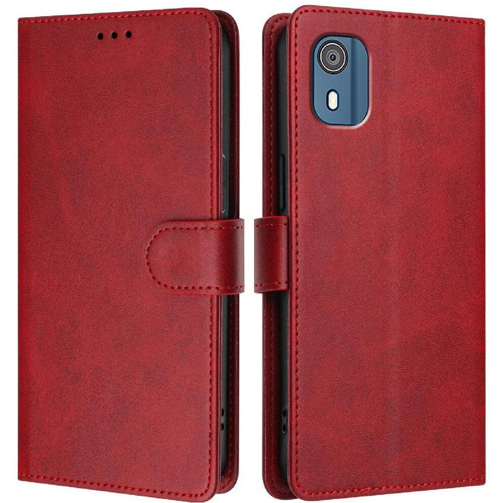 (Red) Classic Style Flip Case For Nokia C02 Rfid Blocking Card Holder Shockproof Wallet Case Magnetic Closure Red 764563633135