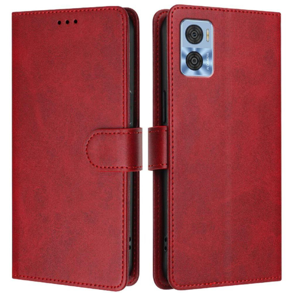 (Red) Classic Style Flip Case For Motorola Moto E22 4G Shockproof Wallet Case Magnetic Closure Card Holder Rfid Blocking Red 764563633388