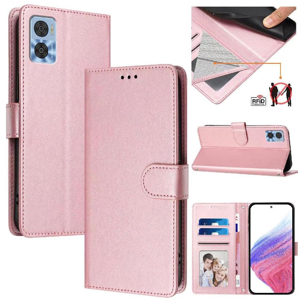(Pink) Classic Style Flip Case For Motorola Moto E22 4G Shockproof Wallet Case Magnetic Closure Card Holder Rfid Blocking Pink 764563633418