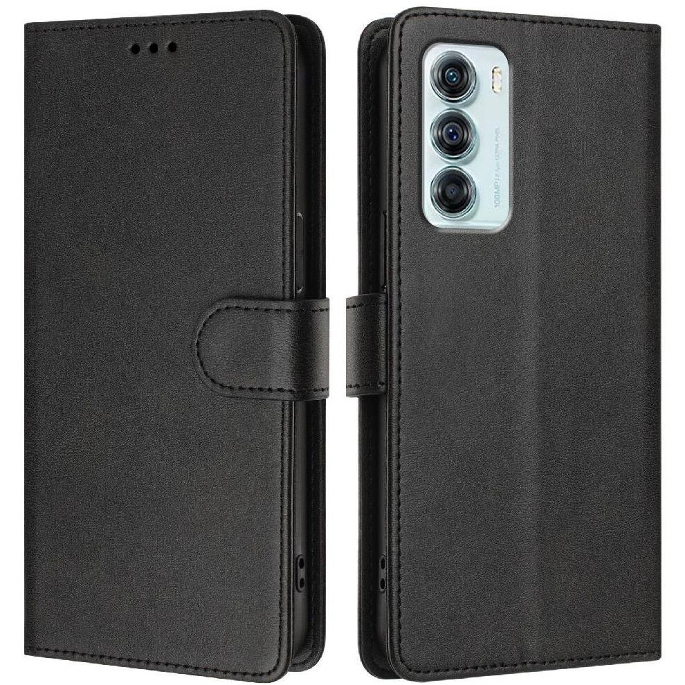(Black) Classic Style Flip Case For Motorola Moto G200 5G Wallet Case Shockproof Magnetic Closure Rfid Blocking Card Holder Black 764563633470