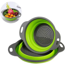 (As show, One size) Portable Silicone Drain Collapsible Colander Strain Food Fruit Vegetable 2 Silicone Filters Space Saving Kitchen Foldable Filter