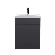 (700mm Vanity Unit and basin) Handleless Bathroom High Gloss Dark Grey Floor Standing Vanity Unit Sink Cabinet Basin Storage Furniture Door Toilet