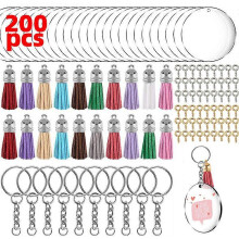 (As show, One size) 200 Pieces Clear Acrylic Round Keychain Discs Kit with Acrylic Circle Discs, Ring with Chain, Open Rings, Leather Tassels for DIY Keyring Jewelry Acce
