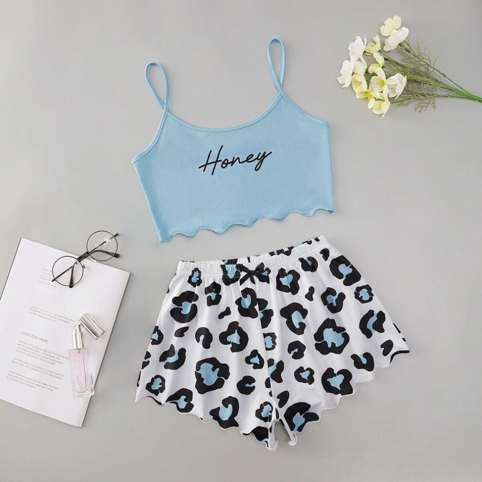 (M, blue) Women's Pajamas Set Sexy Lingerie Leopard Print Sling Sleepwear V-neck Sleeveless Top And Shorts Sets Pyjamas Homewear