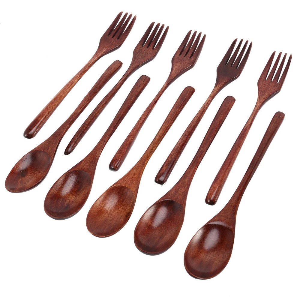 Ensemble de 10 cuillères et fourchettes en bois pour cuisiner et manger