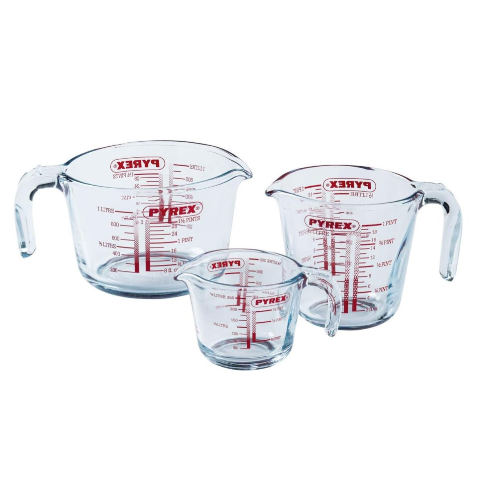 3 Pyrex Glass Measuring Jug Set 0.25L 0.5L and 1L Kitchen Measurement