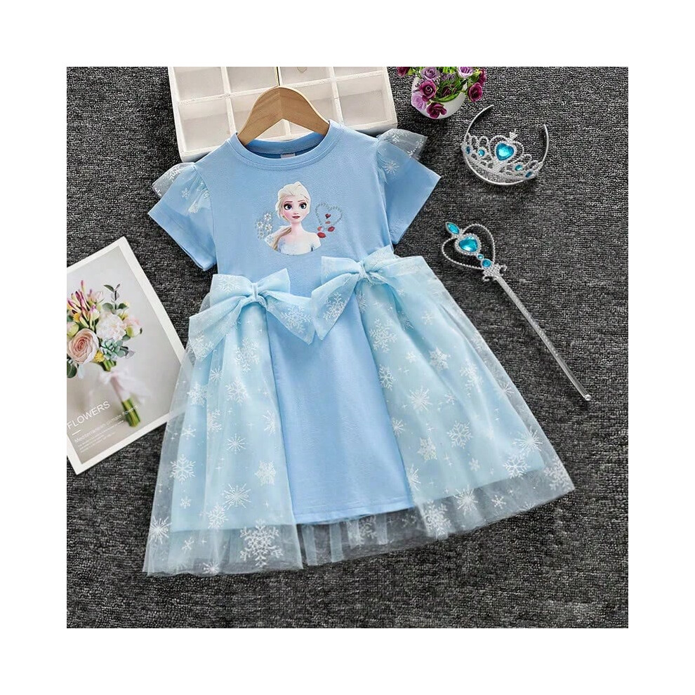 (blue, 6T(130)) Summer Frozen Fashion Kids Elsa Princess Baby Girls Dress Cartoon Bow Short sleeved Casual Dresses Kids Cute Party Costume