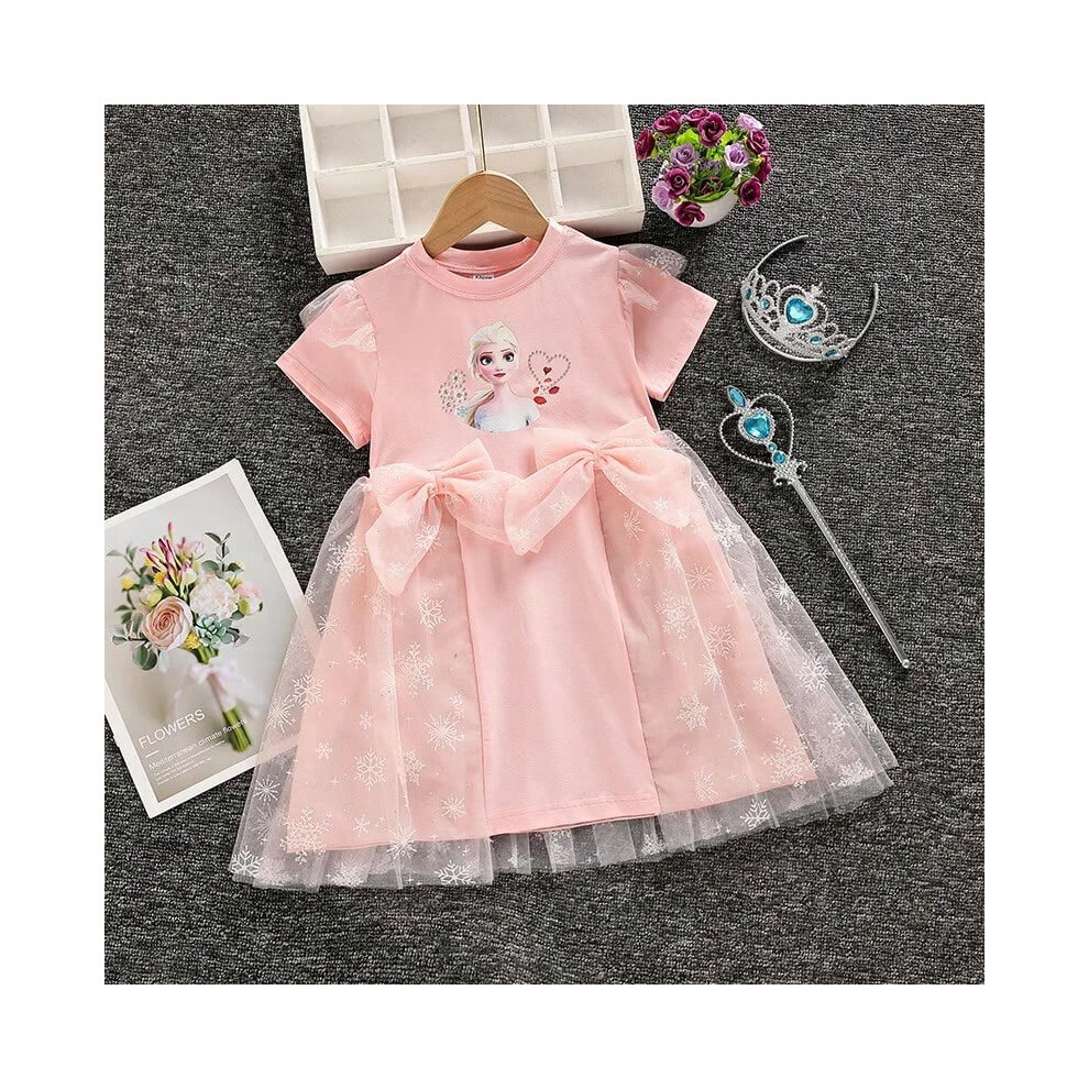 (pink, 6T(130)) Summer Frozen Fashion Kids Elsa Princess Baby Girls Dress Cartoon Bow Short sleeved Casual Dresses Kids Cute Party Costume