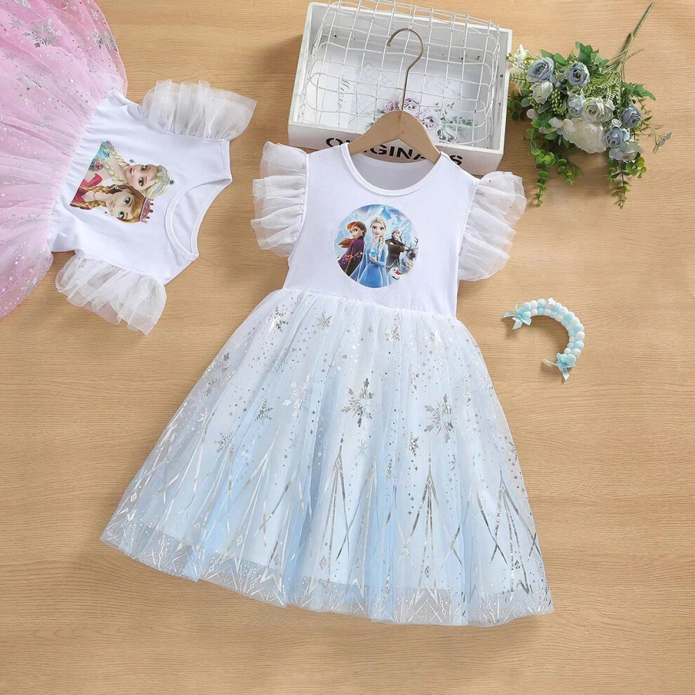 (blue, 100-(2-3 Years)) New Summer Kids Vestidos Cotton Wedding Clothes Pajama Tops Baby Girls Dresses Cartoon Frozen Elsa Print Princess Party Dress