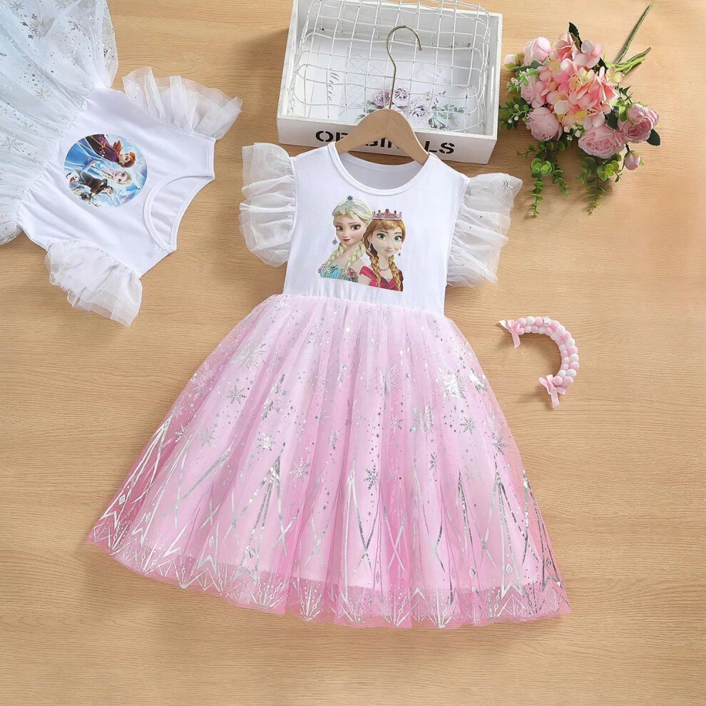 (pink, 130-(5-6 Years)) New Summer Kids Vestidos Cotton Wedding Clothes Pajama Tops Baby Girls Dresses Cartoon Frozen Elsa Print Princess Party Dress