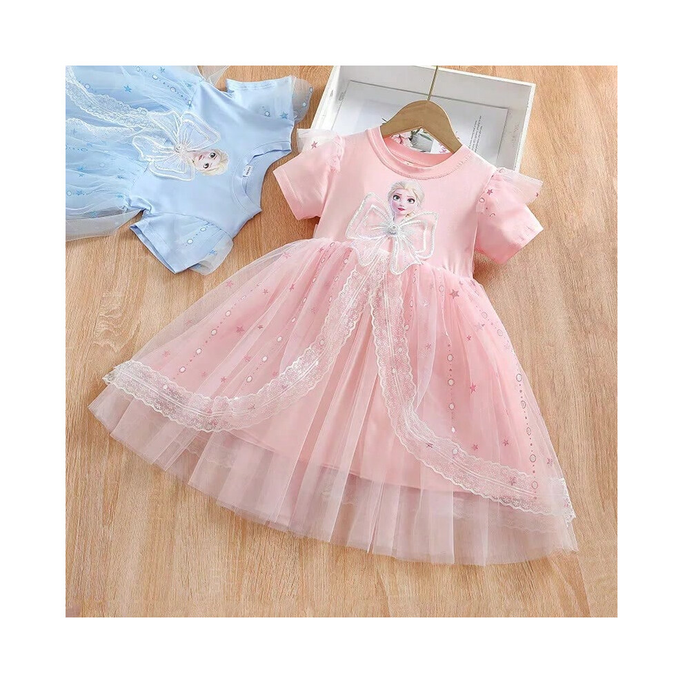 (pink, 4T(110)) New Disney Girls Dress Short Sleeve Summer Princess Dresses Frozen Elsa Party Baby Dresses for Children Clothing Kids Clothes