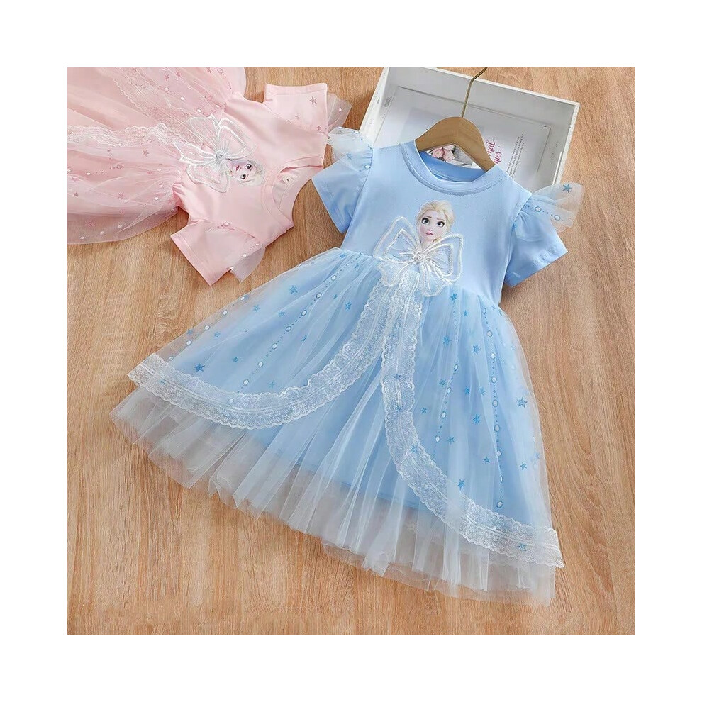 (blue, 6T(130)) New Disney Girls Dress Short Sleeve Summer Princess Dresses Frozen Elsa Party Baby Dresses for Children Clothing Kids Clothes