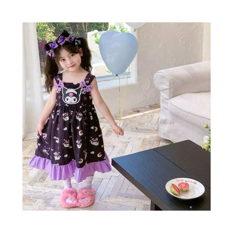 (A, 130weight 20-25kg) Sanrio Girl Dress Kuromi Kawaii kids Princess Dress Bow Summer Cartoon Anime Suspender Dress Floral Print Mid Length Skirt New