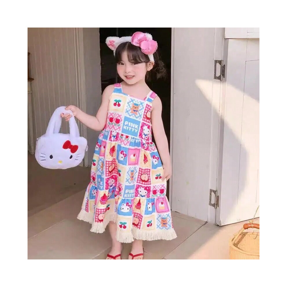 (B, 120weight 17.5-20kg) Sanrio Girl Dress Kuromi Kawaii kids Princess Dress Bow Summer Cartoon Anime Suspender Dress Floral Print Mid Length Skirt New