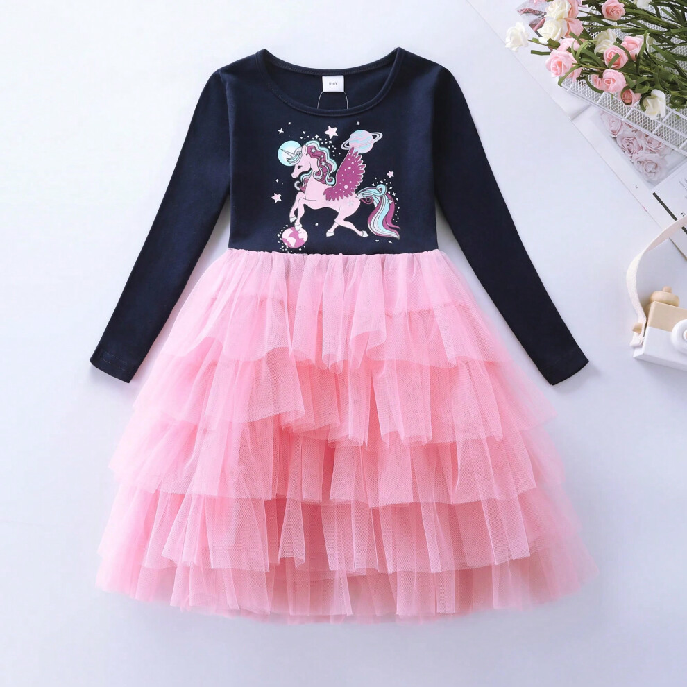 (LH1705 navy, 7-8Y) Girls' Long sleeved Cotton Cartoon Printed Unicorn Party Princess Cake Dress LH1705