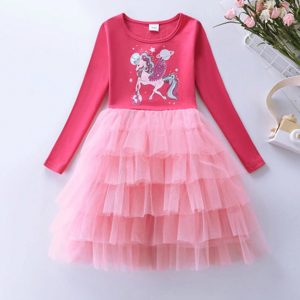 (LH1705 fuchsia, 4-5Y) Girls' Long sleeved Cotton Cartoon Printed Unicorn Party Princess Cake Dress LH1705