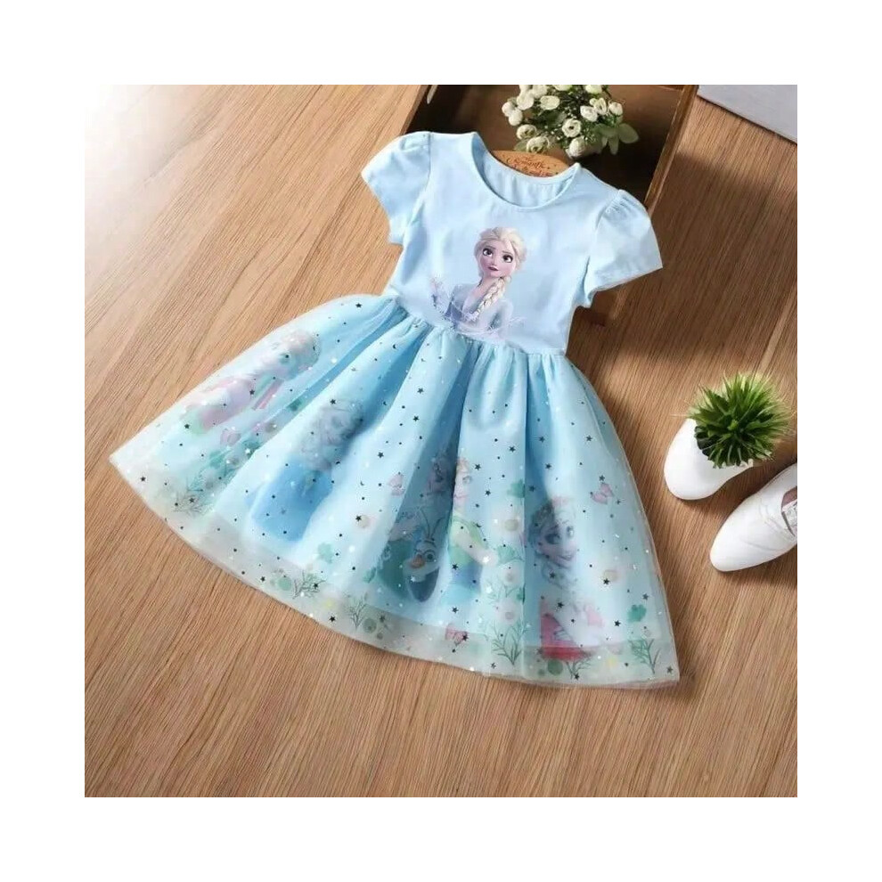 (Picture color, 130(6T)) Girls Dress Cartoon 2025 Summer Disney Frozen Fashion Children Elsa Princess Baby Girl Toddler Short Sleeve Cute Party Dresses
