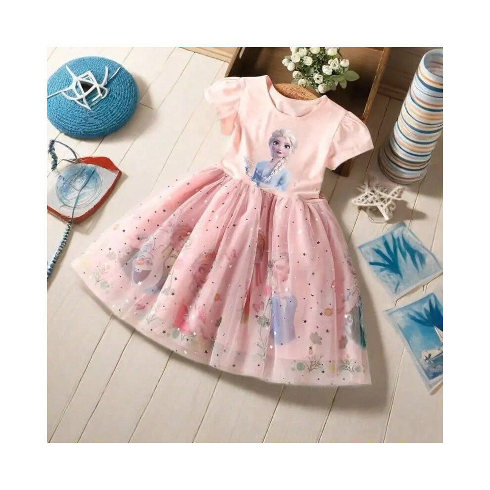 (Picture color-1, 130(6T)) Girls Dress Cartoon 2025 Summer Disney Frozen Fashion Children Elsa Princess Baby Girl Toddler Short Sleeve Cute Party Dresses