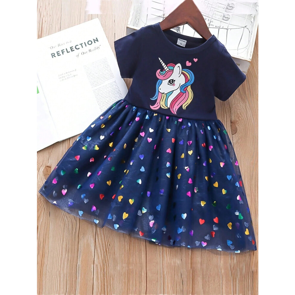 (Navy, 6Y) Toddler Girls Cartoon Unicorn Cotoon Dresses Baby Girl Casual Dress