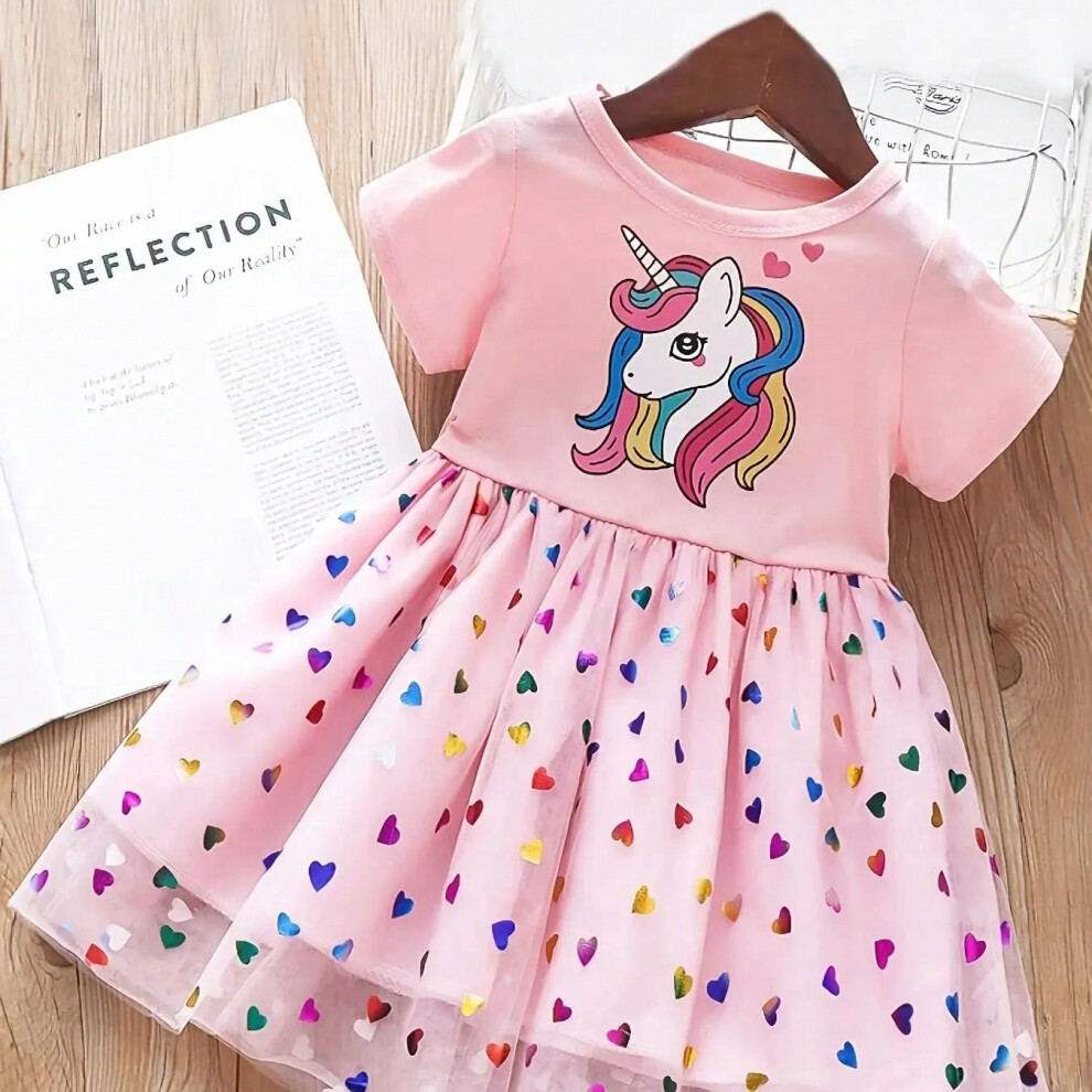 (Pink, 6Y) Toddler Girls Cartoon Unicorn Cotoon Dresses Baby Girl Casual Dress