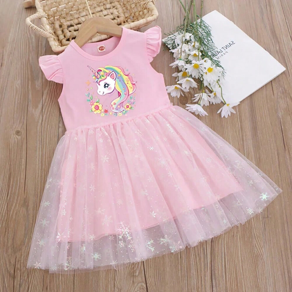 (Picture color-12, 100(2T-3T)) Girls Clothes Summer Princess Dresses Flying Sleeve Kids Dress Unicorn Party Baby Dresses for Children Clothing Fashion Fainbow