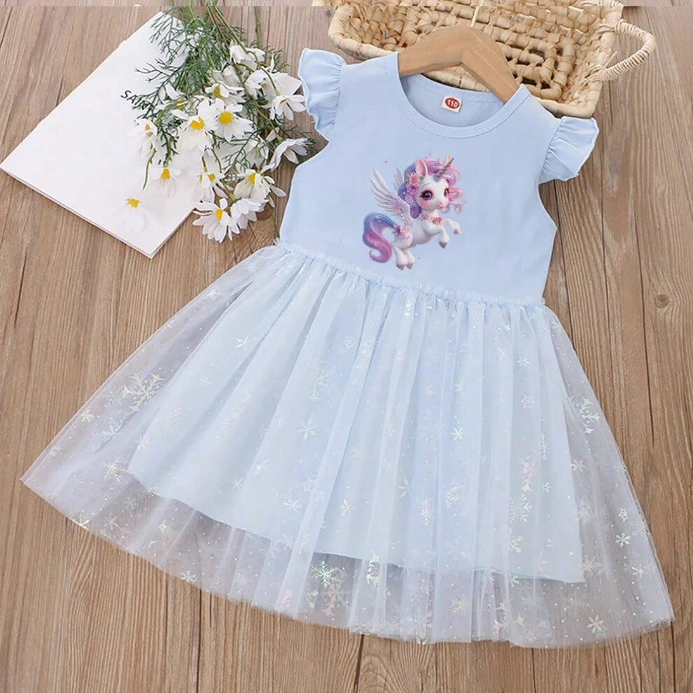 (Picture color-20, 140(7T-8T)) Girls Clothes Summer Princess Dresses Flying Sleeve Kids Dress Unicorn Party Baby Dresses for Children Clothing Fashion Fainbow