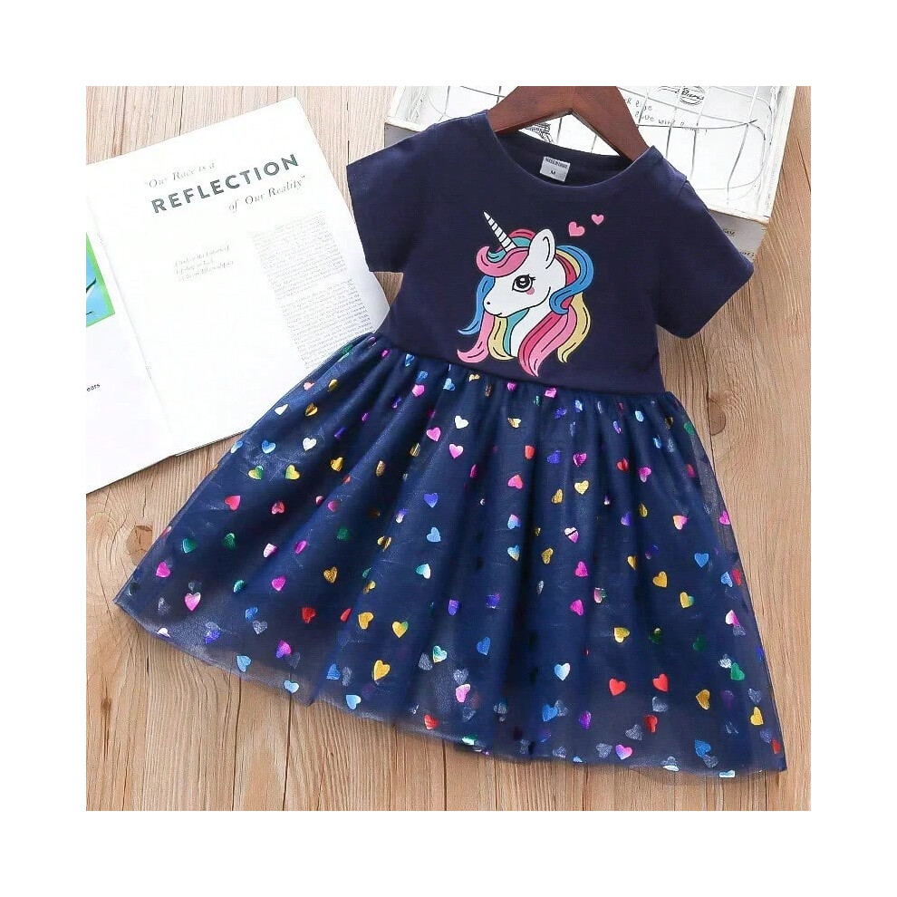 (F16451NV, 110(110cm)) Kids Dresses for Girls Sohort Sleeve Unicorn Girls Sequins Costume Princess Dress Kids Daily Clothes