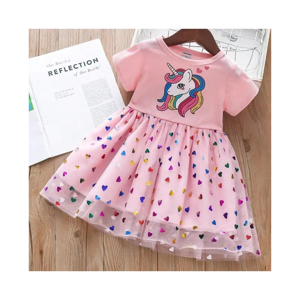 (F16451P, 6T) Kids Dresses for Girls Sohort Sleeve Unicorn Girls Sequins Costume Princess Dress Kids Daily Clothes
