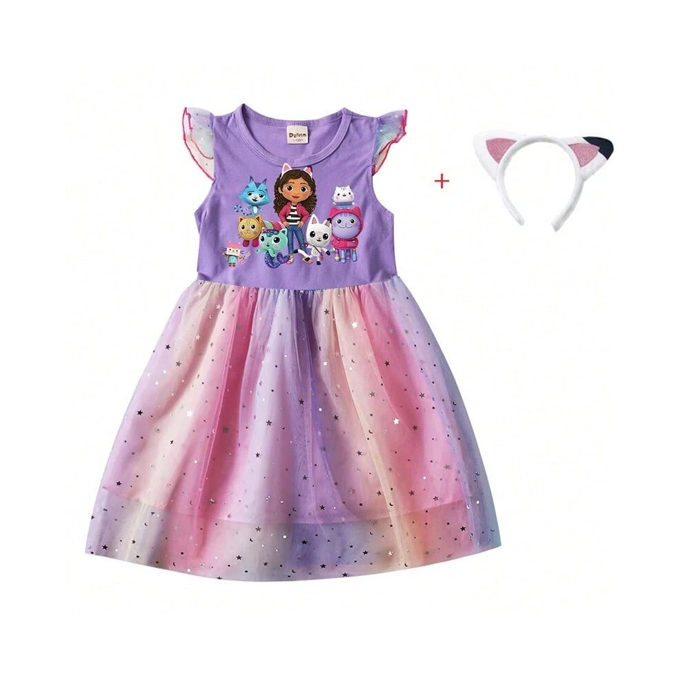 (purple, 4T(110)) 2PCS Baby Girl Princess Dresses + Headband Cartoon Gabby Cats for Kids Clothes Cosplay Costume Children Fly Sleeve Casual Dress
