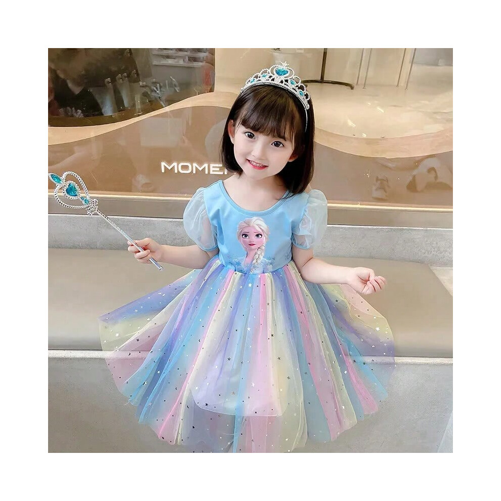 (light blue, 100(3T)) New Disney Frozen Elsa Anna Princess Summer Girls Dress for Children Girl clothes Short Sleeve Ball Gown Carnival Party Dresses