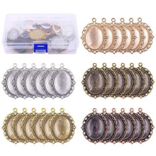 60 Pcs Pendant Trays Kit Metal Flat Pendant Blank Trays Bezel Oval Cabochon Base
