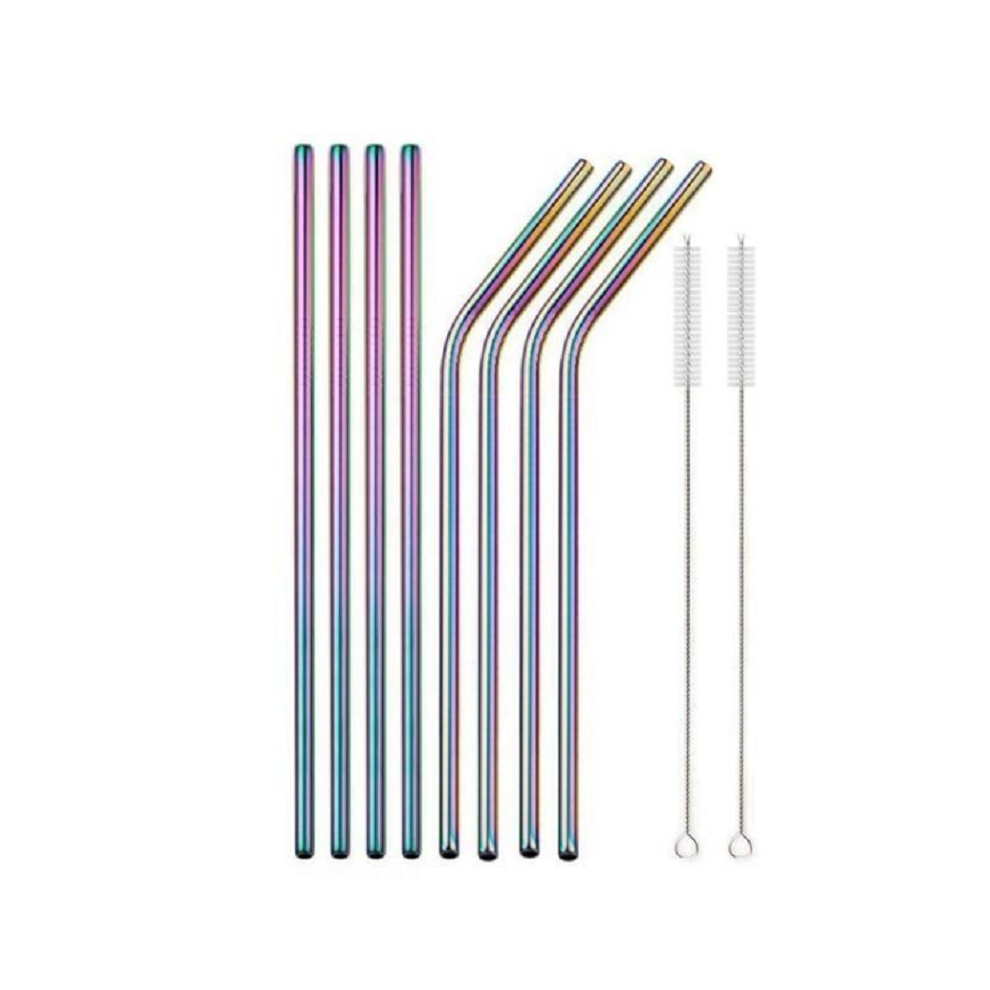 (10Pcs Rainbow) Reusable Rainbow Stainless Steel Straight Or Bent Metal Straws Party Supplies