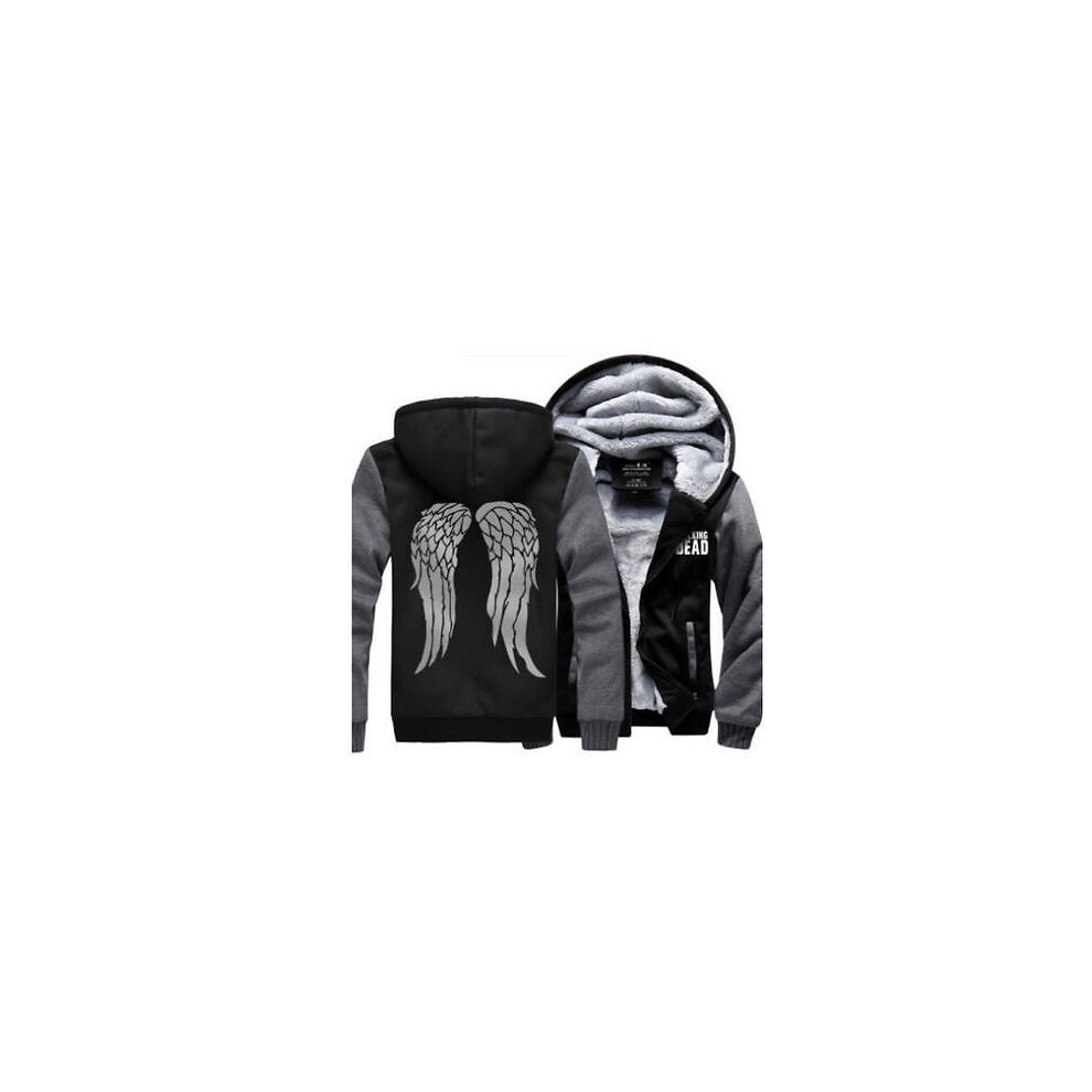 (L, Black Grey) Mens Winter The Walking Dead Hoodie Zombie Daryl Dixon Sweatshirts Wings Fleece Black,Grey