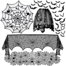 6pcs Halloween Decorations ,round Halloween Lace Table Cloth ,rectangular Lace Table Cloth Spider Web Spooky Bat Scarf Chimney Spider Lampshade with 3