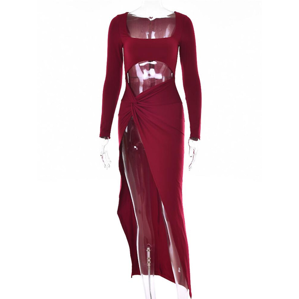 (M-rouge) Robe longue sexy à fente haute pour femme, tenue d'automne à manches longues et froncée, idéale