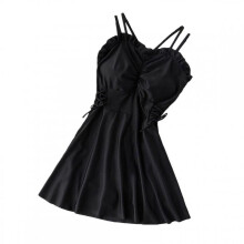 Women Swimwear Solid V Neck Push Up Swim Skirt Beach Bathing Suit Black L