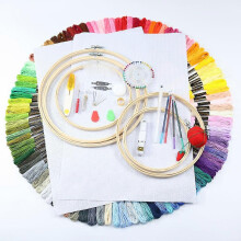 (As show, One size) Embroidery Threads Kit, with 100 Colored Threads for 5 Bamboo Circles, 40 Sewing Pins, 3 Aida Embroidery Cloths and Cross Stitch Tool Kit, with Instru