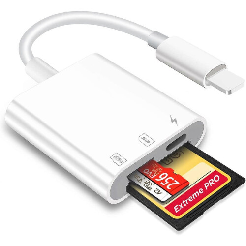 (As show, One size) SD/Micro SD Card Reader for iPhone/iPad Plug and Play, SD Memory Card Adapter with Simultaneous Reading and Charging