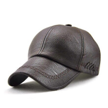 (As show, One size) Men's Leather Baseball Cap Adjustable Cap Sports Hat Beanie Flat Cap-Deep Coffee