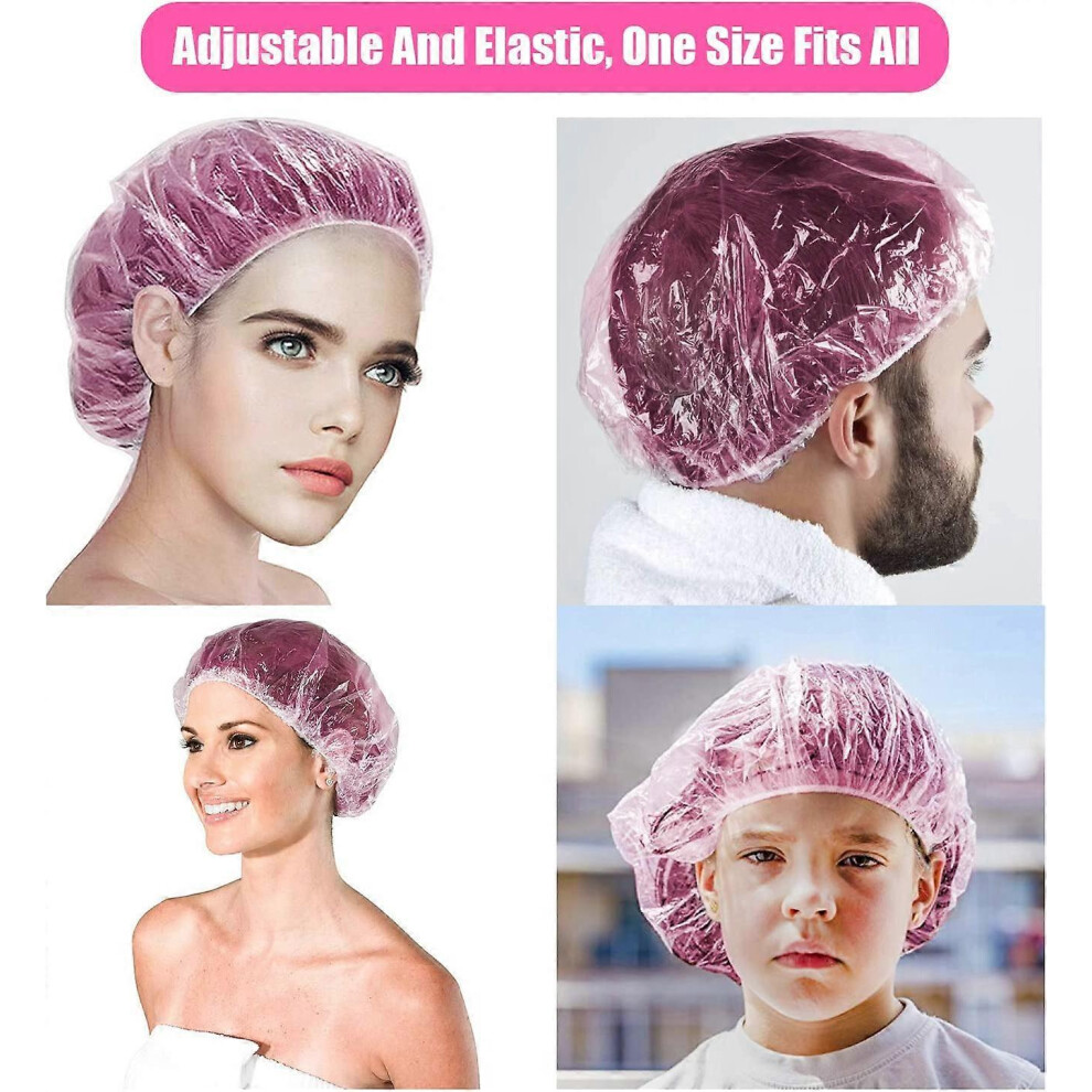 (As show, One size) Large Disposable Clear Plastic Shower Cap for Home, Hotel, Spa, Hair Salon and Workshop Use 100 PiecesPowder
