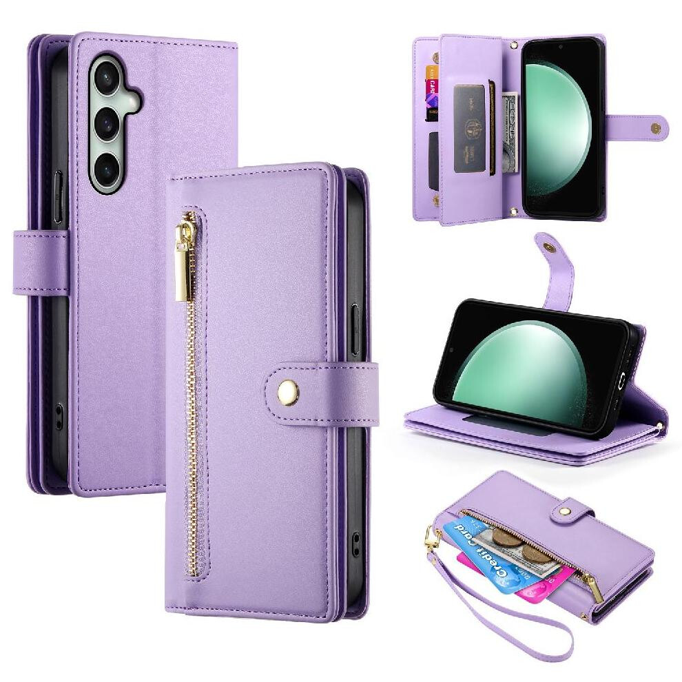 (Purple) Flip Case For Samsung Galaxy S25 Fe Wallet Stand Multifunctional Crossbody Strap Business Purple 764563637164