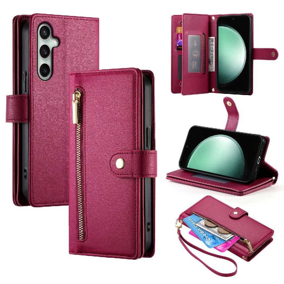 (Red) Flip Case For Samsung Galaxy S25 Fe Wallet Stand Multifunctional Crossbody Strap Business Red 764563637133