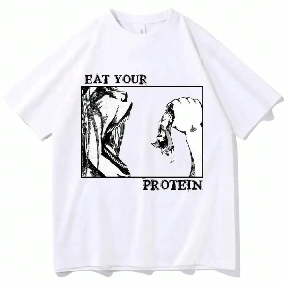 (white, XL) Attack On Titan T-Shirts Eat Your Protein Shirt Man Women Summer Casual O-Neck Short Sleeve Shirts