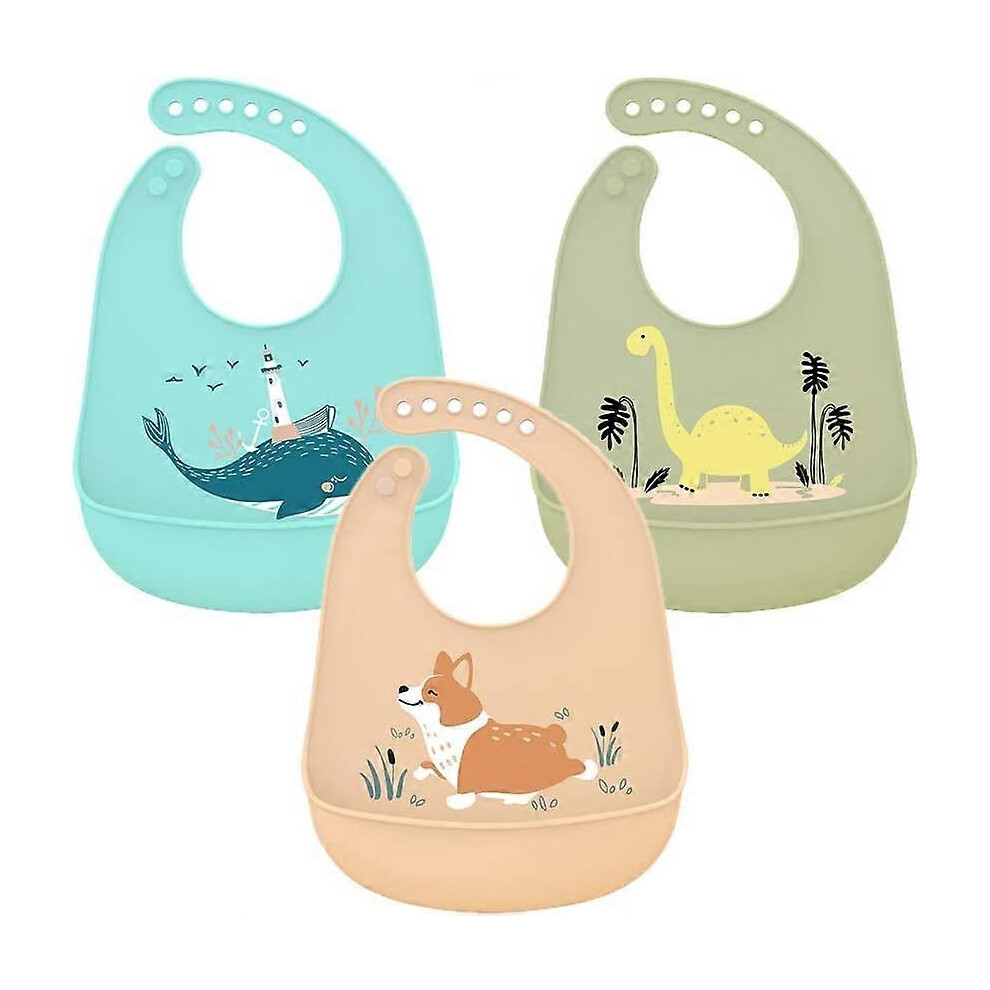 (As Show, One Size) 3 Pack Silicone Bib Leakproof Feeding Bib With Crumb Catcher Easily Washable Super Soft Reusable Bib For Toddlers Eating Green