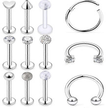 (As show, One size) 9-18PCS Nose Piercing Labret Screw Rings Studs 8mm 16G Surgical Steel Cartilage Septum Lip Helix Tragus Piercing Jewelry