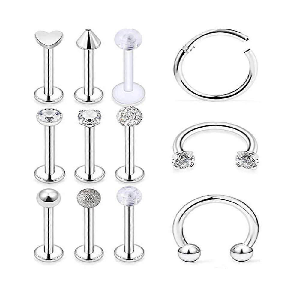 (As show, One size) 9-18PCS Nose Piercing Labret Screw Rings Studs 8mm 16G Surgical Steel Cartilage Septum Lip Helix Tragus Piercing Jewelry