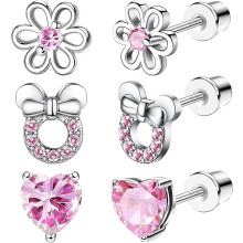 (As show, One size) 3 Pairs Sterling Silver Stud Earrings Kids Girls Baby Women Pink Zirconia Heart Daisy Earrings Minimalist Stud Earrings Stroller Screw Safety